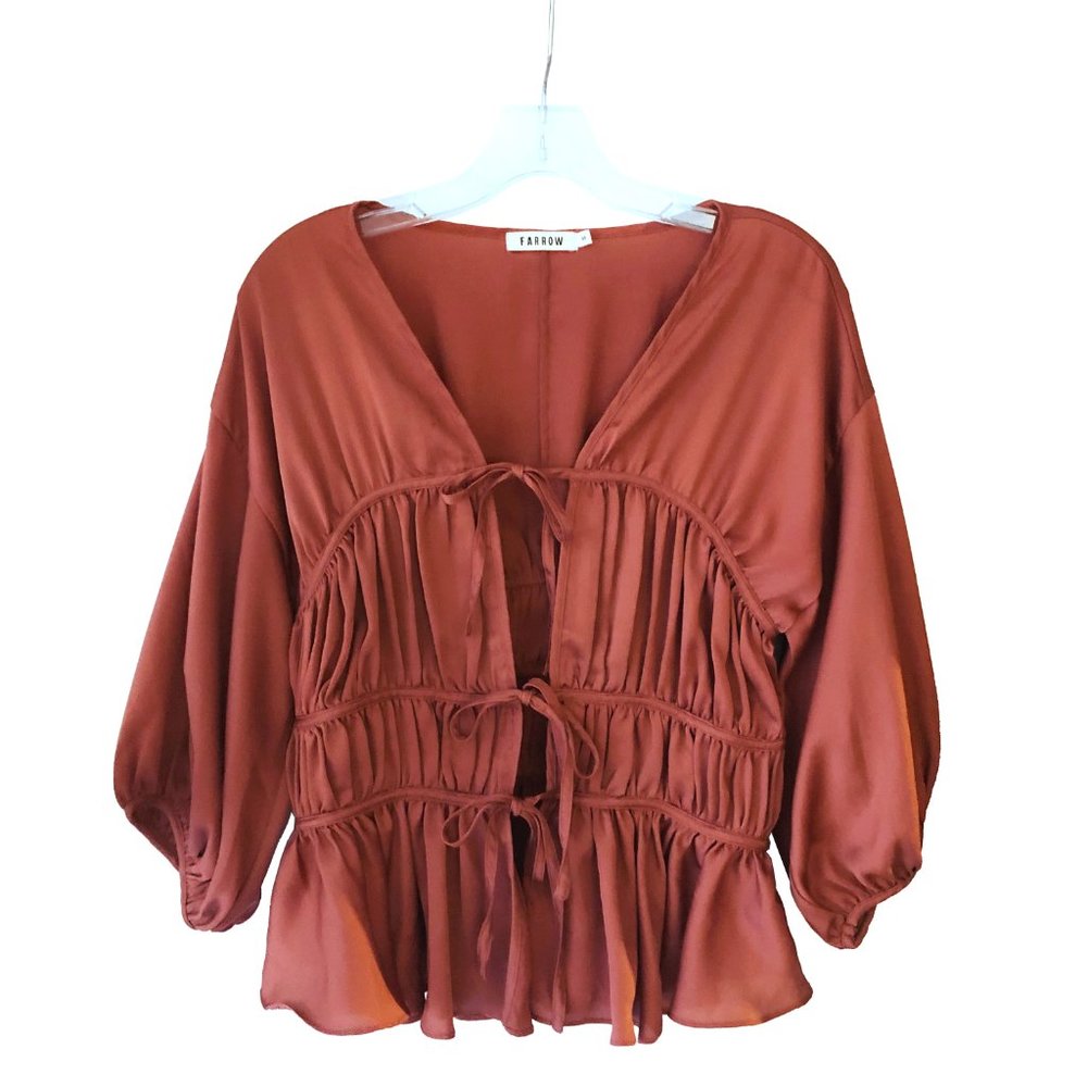 Brick red ruched tie up vintage vibe blouse top